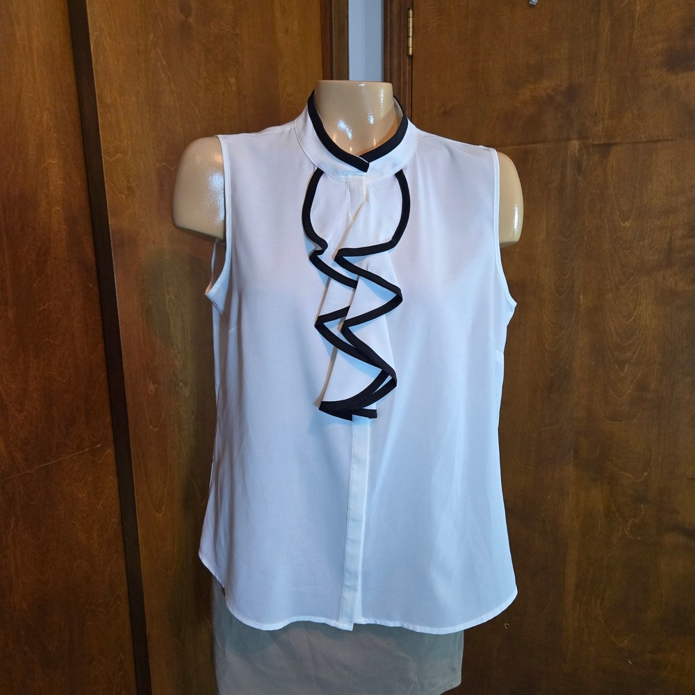 Calvin Klein Womens Blouse White Large Sleeveless Contrast Black Trim Officecore